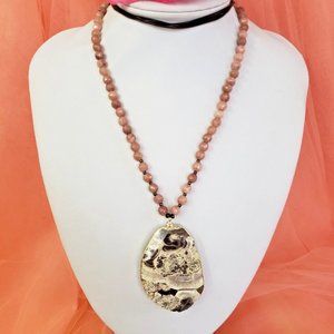 Large Gray & White Jasper Stone Pendant on Brown Cord Necklace Pink Agate Beads